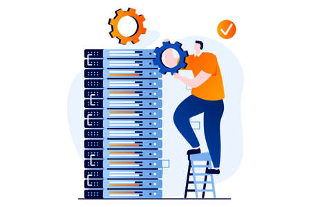 Server maintenance concept with people scene in flat cartoon design. Man working in server rack hardware room, settings and optimization, fixing connection. Vector illustration visual story for webのイラスト素材