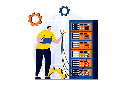 Server maintenance concept with people scene in flat cartoon design. Man technician holding cables and working in server rack hardware room, fixing connection. Vector illustration visual story for webのイラスト素材