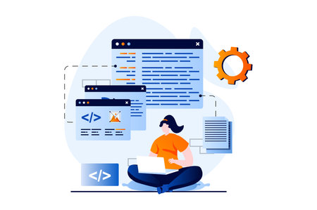 Software development concept with people scene in flat cartoon design. Woman working, optimizes code at screens, programming and creates products on laptop. Vector illustration visual story for webのイラスト素材