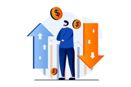Stock market concept with people scene in flat cartoon design. Man thinking and analysis chart with arrow with different trends and trading on stock exchange. Vector illustration visual story for webのイラスト素材