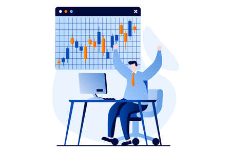 Stock market concept with people scene in flat cartoon design. Man works and trades on stock exchange, develops an investment portfolio and increases income. Vector illustration visual story for webのイラスト素材