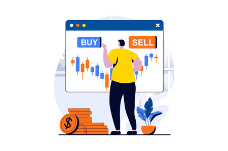 Stock market concept with people scene in flat cartoon design. Man buys and sells stocks on exchange, analyzes statistics and charts and increases income. Vector illustration visual story for webのイラスト素材