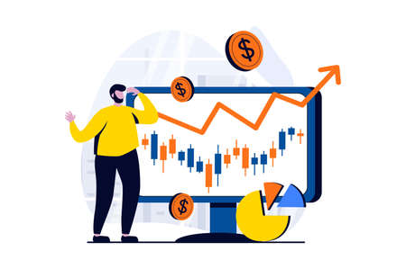 Stock market concept with people scene in flat cartoon design. Man makes money on exchange with successful strategy, analyzes data and increases profit. Vector illustration visual story for webのイラスト素材