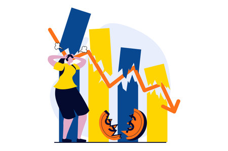 Stock market concept with people scene in flat cartoon design. Woman losing money and investments, analysing chart with negative trend, financial crisis. Vector illustration visual story for webのイラスト素材
