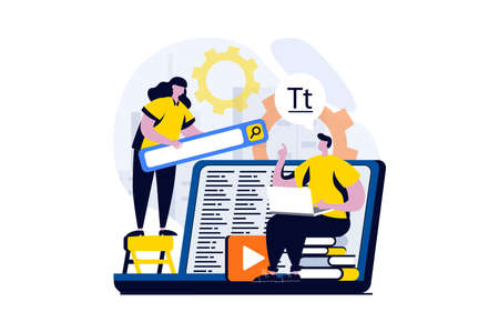 Ui ux design concept with people scene in flat cartoon design. Woman and man working together, places elements and buttons on layout of user interface. Vector illustration visual story for webのイラスト素材