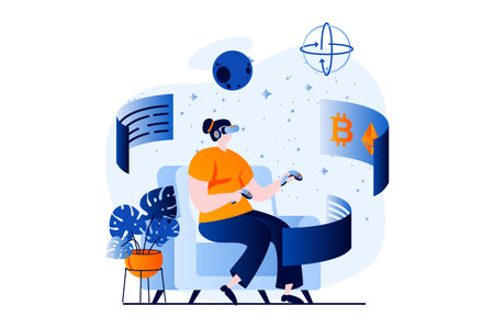 Virtual reality concept with people scene in flat cartoon design. Woman in VR glasses using...