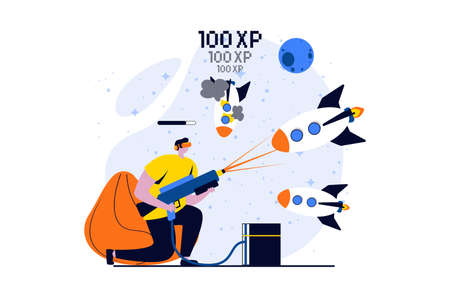 Virtual reality concept with people scene in flat cartoon design. Man in VR glasses plays video game with gaming laser gun in augmented space simulation. Vector illustration visual story for webのイラスト素材