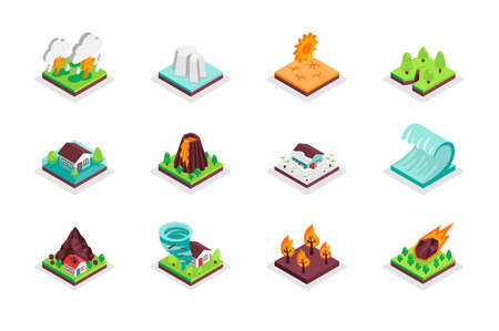 Natural disaster concept 3d isometric icons set. Bundle elements of thunderstorm, drought, volcano eruption, tsunami, forest fire, meteorite and other. Vector illustration in modern isometry designのイラスト素材