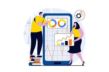 Data analysis concept with people scene in flat cartoon design. Woman and man working with...