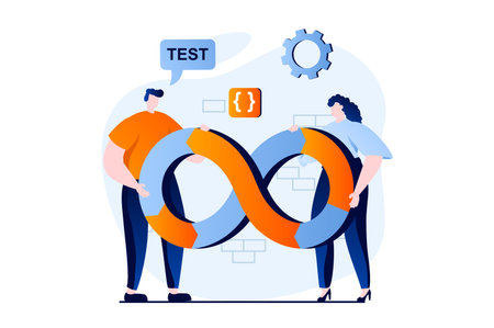 DevOps concept with people scene in flat cartoon design. Man and woman working together, administer...