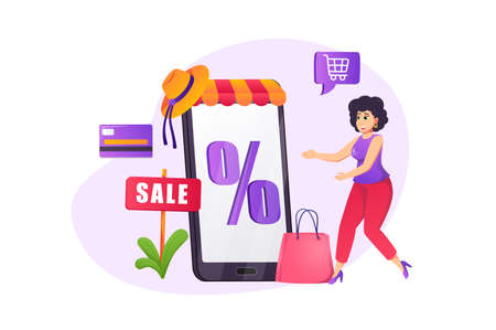 Discount market concept in flat style with people scene. Happy woman making purchases in sales season and ordering goods with good prices using mobile application. Vector illustration for web designのイラスト素材