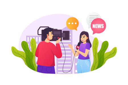 Journalism concept in flat style with people scene. Happy woman reporter tells news into microphone while cameraman recording video. Correspondent working in studio. Vector illustration for web designのイラスト素材