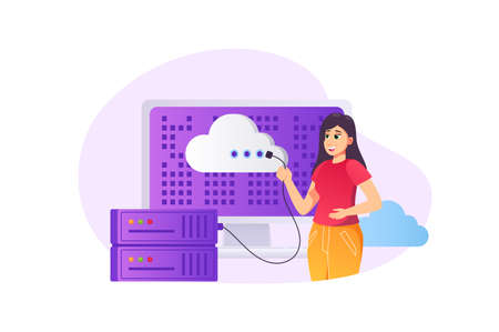 Cloud computing concept in flat style with people scene. Happy woman working with cloud service platform and maintenances hosting connection, data storage at server. Vector illustration for web designのイラスト素材