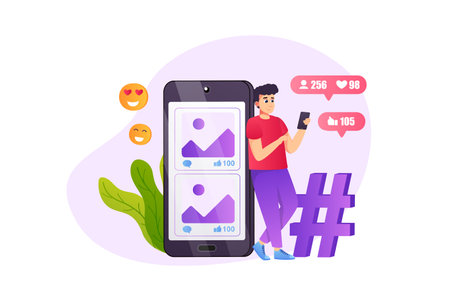 Social networking concept in flat style with people scene. Happy man pastime in social media,...