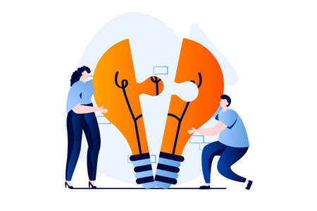 Teamwork concept with people scene in flat cartoon design. Man and woman brainstorming, creating new solving and optimize processes, working in team together. Illustration visual story for webの写真素材