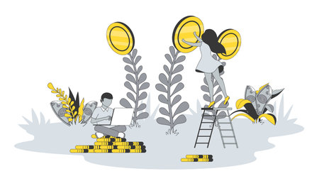 Investment concept in flat design with people. Woman and man accumulate savings, create investment...