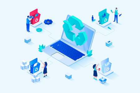 Waste management 3d isometric web design. People collect and sort garbage into bins for plastic, paper, glass, organic and other waste, recycle and reuse, protect environment. Vector web illustrationのイラスト素材