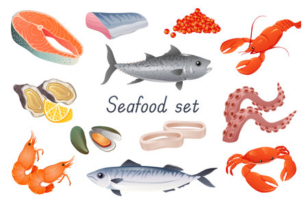 Seafoods 3d realistic set. Bundle of salmon steak, red caviar, crab, crayfish, octopus, squid, shrimps, tuna, shellfish, oyster, mussel, lobster and other isolated elements.Vector illustrationのイラスト素材