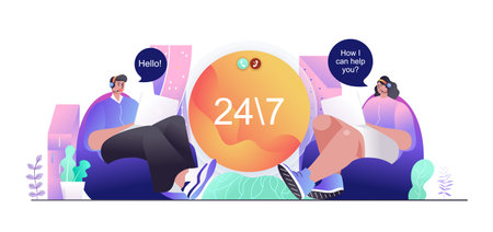 Support center concept for web banner. Man and woman operators receive client calls and messages in...