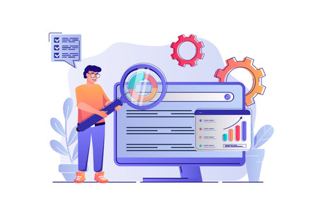 SEO analysis concept with people scene. Man settings site for search engines, analyzes statistics of web page, improvement and optimization. Vector illustration with characters in flat design for webのイラスト素材