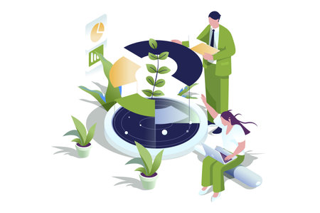 Data analysis web concept in 3d isometric design. People making financial report and market research, working with charts or graphs at dashboard, business analytics forecast. Vector web illustration.のイラスト素材