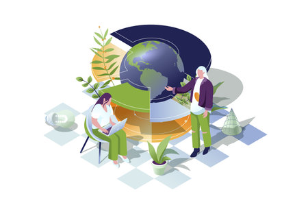 Global business web concept in 3d isometric design. People working in international company. Businesswoman discuss expansion strategy on globe and develop marketing strategy. Vector web illustration.のイラスト素材