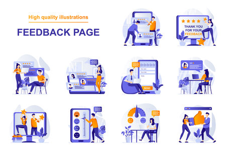 Feedback page web concept with people scenes set in flat style. Bundle of customer satisfaction, high rating stars and likes, positive client experience. Vector illustration with character designのイラスト素材