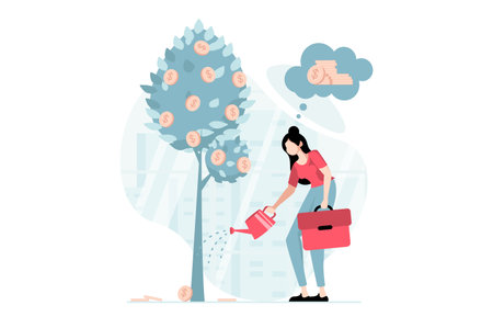Business making concept with people scene in flat design. Businesswoman watering money tree, investing money in companies and increasing income. Vector illustration with character situation for webのイラスト素材