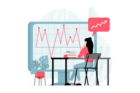Data analysis concept with people scene in flat design. Woman works with chart, studies market trends, making company audit and financial report. Vector illustration with character situation for webのイラスト素材