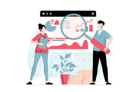 Data science concept with people scene in flat design. Woman and man making research of statistics and analyzes datum at screen for presentation. Vector illustration with character situation for webのイラスト素材