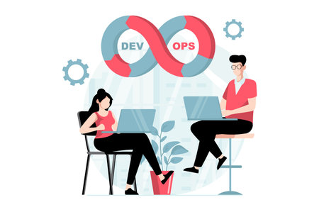 DevOps concept with people scene in flat design. Man and woman programmers coding and creating...