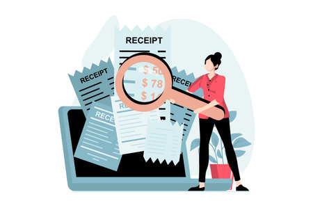 Electronic receipt concept with people scene in flat design. Woman receives digital invoice with taxes and bills for payment and paying at laptop. Vector illustration with character situation for webのイラスト素材
