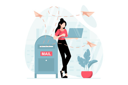 Email service concept with people scene in flat design. Woman makes advertising mailing to attract new customers using email client from laptop. Vector illustration with character situation for webのイラスト素材