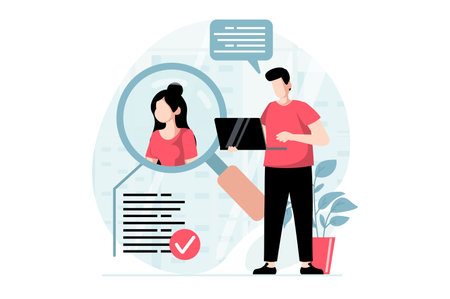 Employee hiring process concept with people scene in flat design. Man working as HR manager, looking resume, chooses best candidate for staff. Vector illustration with character situation for webのイラスト素材