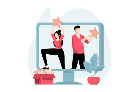 Feedback page concept with people scene in flat design. Man and woman are satisfied with their user experience and put top star rating on site. Vector illustration with character situation for webのイラスト素材