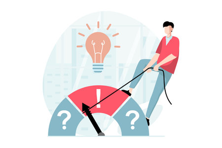 Finding solution concept with people scene in flat design. Man generates new ideas and thinking about questions, tries to find right direction. Vector illustration with character situation for webのイラスト素材
