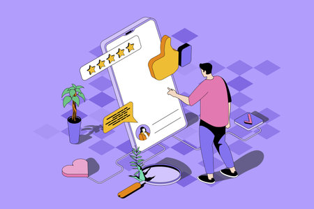 Best feedback web concept in 3d isometric design. Man evaluates quality of service and leaves comment with customer experience using mobile app. Vector web illustration with people isometry sceneのイラスト素材