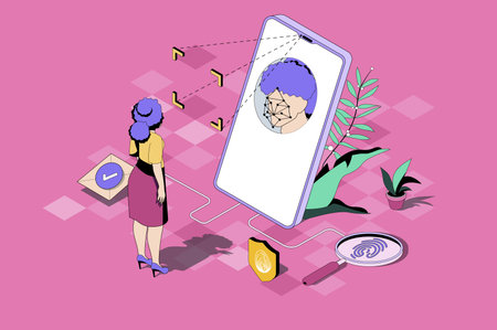 Biometric control web concept in 3d isometric design. Woman uses secure access with face recognition and fingerprint scan authentication methods. Vector web illustration with people isometry sceneのイラスト素材
