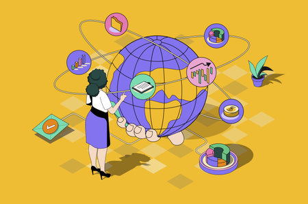 Global business web concept in 3d isometric design. Woman works and develops international company, sets tasks for employees and expands business. Vector web illustration with people isometry sceneのイラスト素材