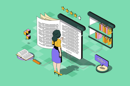 Online reading web concept in 3d isometric design. Woman reading e-book from mobile app, using virtual library and buying at internet bookstore. Vector web illustration with people isometry sceneのイラスト素材