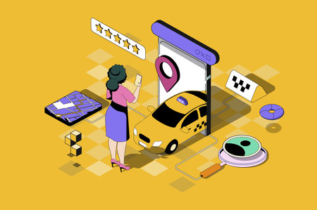 Taxi booking web concept in 3d isometric design. Woman holding smartphone with taxi application, ordering car with top rating and tracking online. Vector web illustration with people isometry sceneのイラスト素材