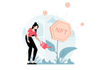 NFT token concept with people scene in flat design. Woman watering tree with non fungible token symbol and developing her business at marketplaces. Vector illustration with character situation for webのイラスト素材