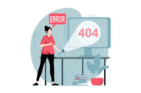 Page not found concept with people scene in flat design. Woman works at computer and looking at...