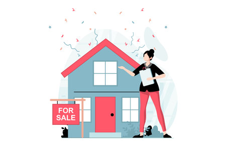 Real estate concept with people scene in flat design.のイラスト素材