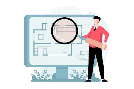 Real estate concept with people scene in flat design. Man with huge magnifier studies house blueprint or apartment plan before choosing and buying. Vector illustration with character situation for webのイラスト素材