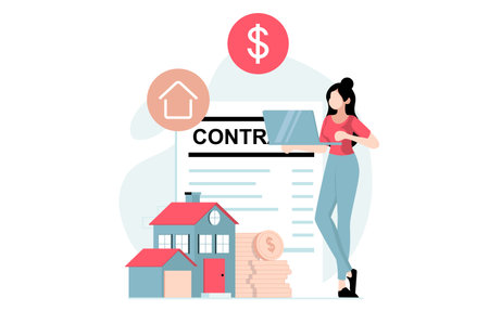 Real estate concept with people scene in flat design. Woman buying new house and signing contract with real estate agency, investing in dwelling. Vector illustration with character situation for webのイラスト素材