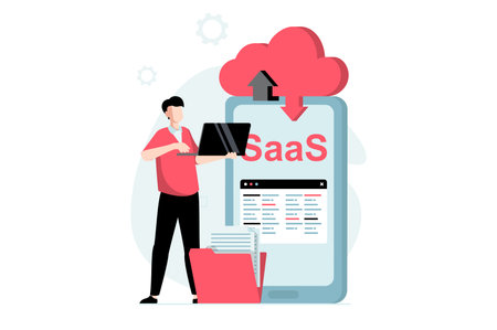 SaaS concept with people scene in flat design. Man uses cloud technologies to exchange data and synchronize files between laptop and mobile phone. Vector illustration with character situation for webのイラスト素材