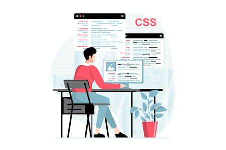 Software development concept with people scene in flat design. Man develops code and engineering prototypes, created programs and applications. Vector illustration with character situation for webのイラスト素材