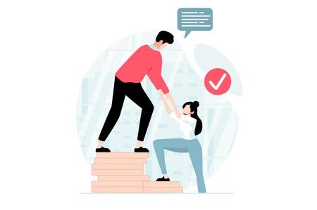 Teamwork concept with people scene in flat design. Man helps and supports colleague, woman climbs ladder of coins, achievement career goals. Vector illustration with character situation for webのイラスト素材