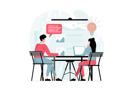UI and UX design concept with people scene in flat style. Man and woman work as designers, brainstorming and create interfaces for applications. Vector illustration with character situation for webのイラスト素材